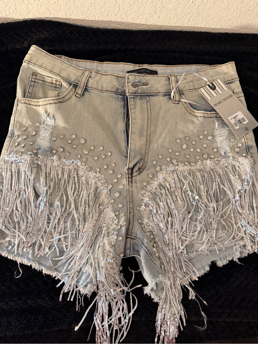 Denim Couture High waist Sequin and rhinestones fringe light wash denim shorts